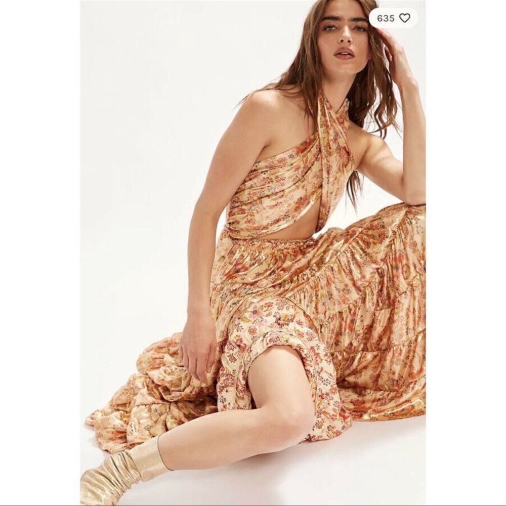 Free People Printed Something Magical Metallic Floral Tiered Maxi Dress